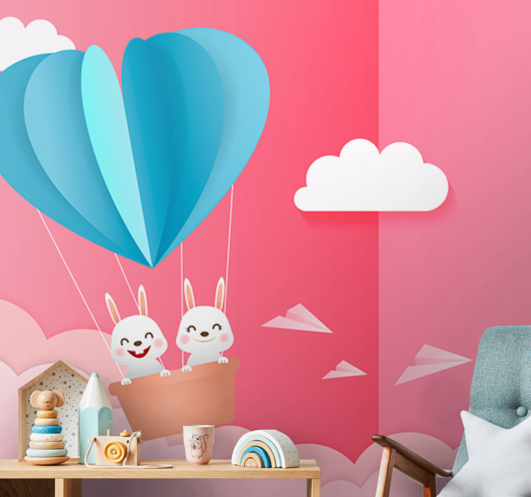 Love wall mural with balloons and bunnies - TenStickers