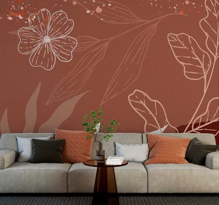 Minimalistic leaves design terracotta wall mural - TenStickers