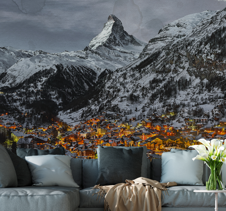 Mountain wall mural snowy alpine village - TenStickers