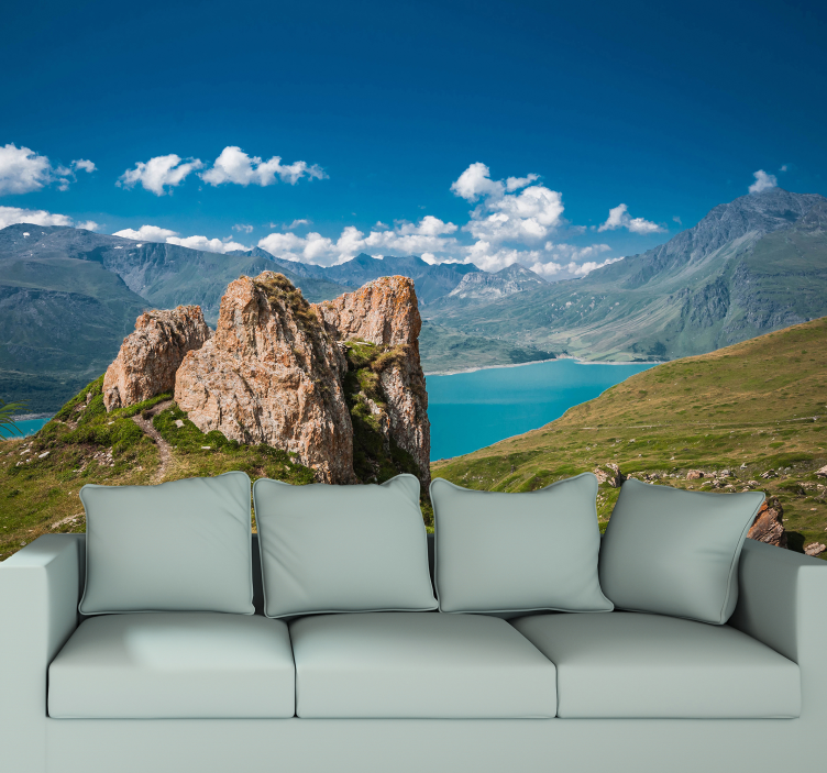 Mountainous Lakeside Vista landscape mural wallpaper - TenStickers