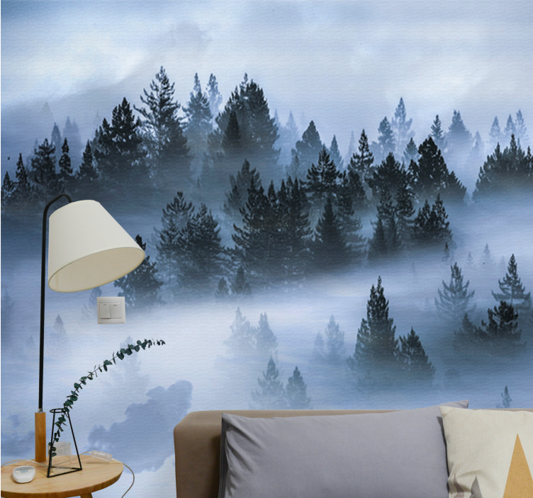 Nature wall mural hazy evergreen woods - TenStickers