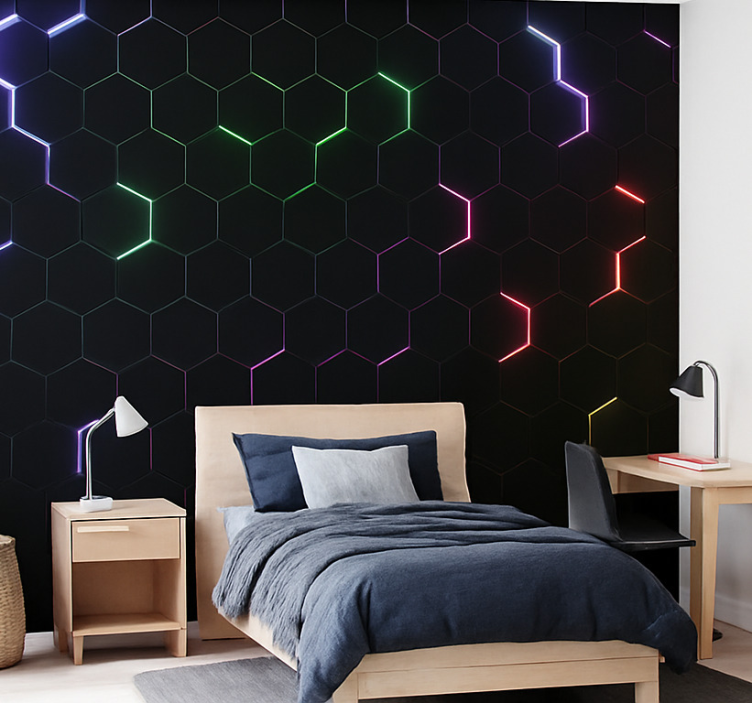 Neon 3D hexagons teenage wall mural - TenStickers