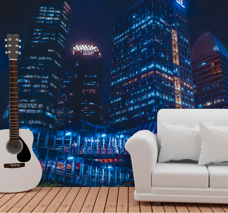 Night city landscape living room wall mural - TenStickers