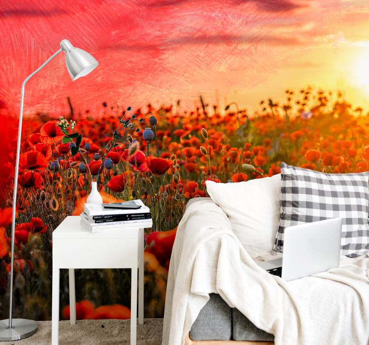 Poppy field in beautiful sunset wall mura - TenStickers