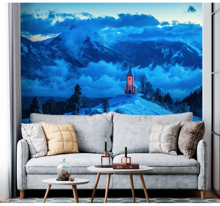 Snowy Church mountain wall mural - TenStickers
