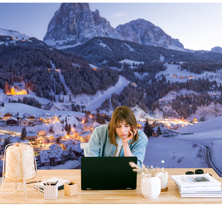 Snowy Mountain Village landscape mural wallpaper - TenStickers