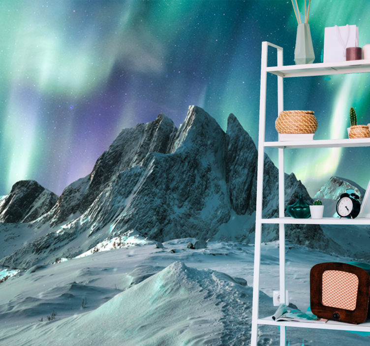 Snowy mountains with northern lights wall mural - TenStickers