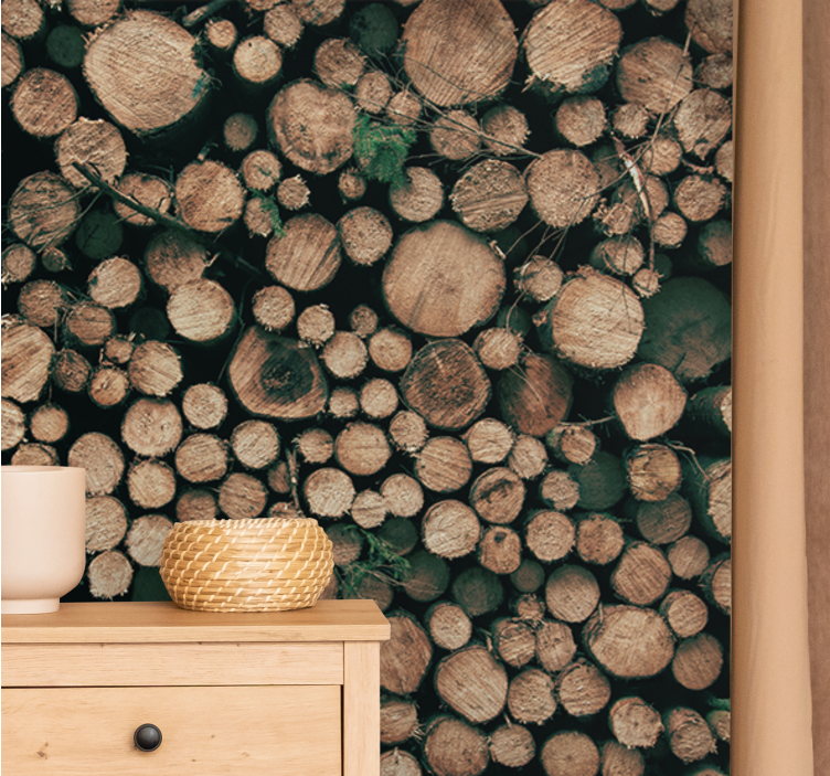 Stone wall mural timber log stack - TenStickers