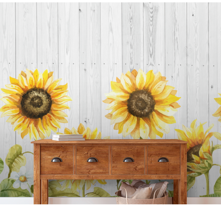 Sunflowers on gray wooden planks wall mural - TenStickers
