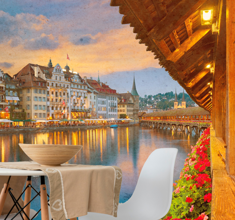 Swiss lake and buildings wall mural - TenStickers