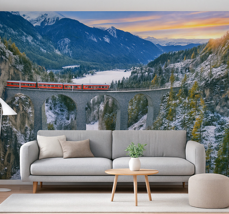 Swiss Train on Landwasser Viaduct mountain wall mural - TenStickers