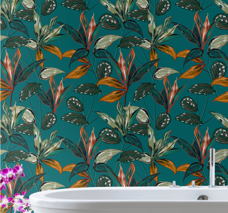 Tropical plants over a teal background mural - TenStickers