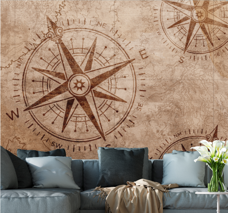 World map wall mural nautical star compass - TenStickers