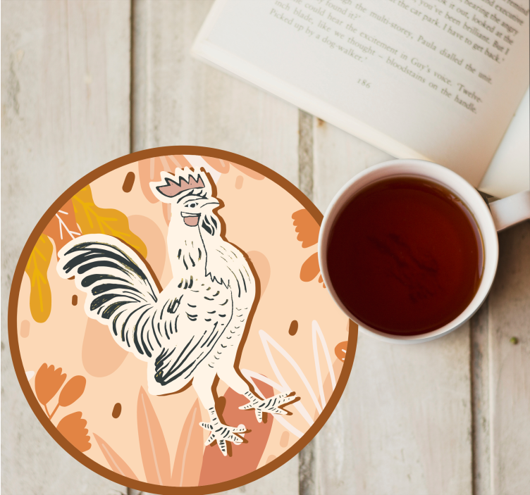 Drawn rooster on orange flowers vintage coaster - TenStickers
