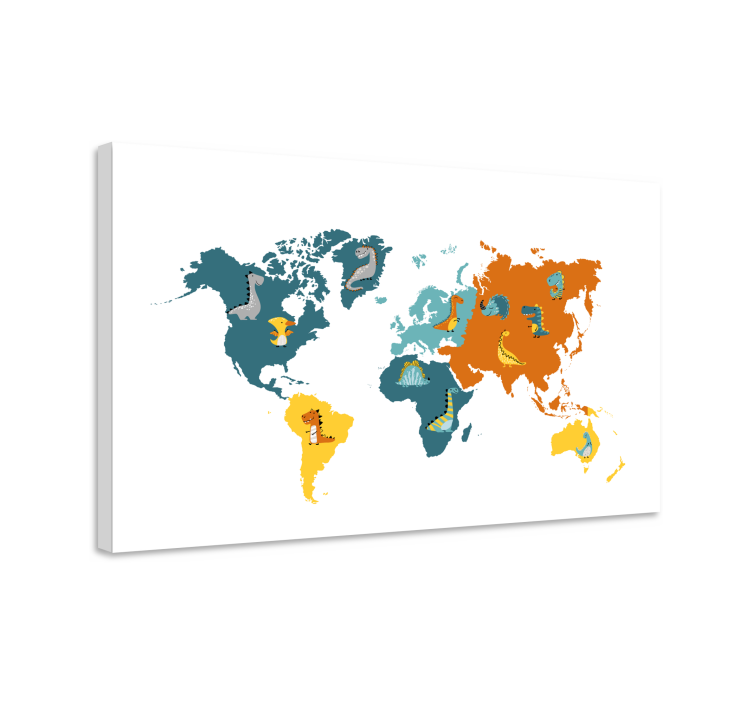 Dinosaur blue and orange world map canvas - TenStickers