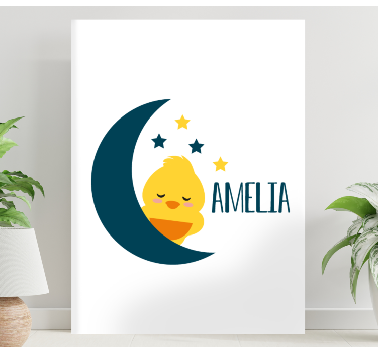 Baby chick on the moon with name bird canva art - TenStickers