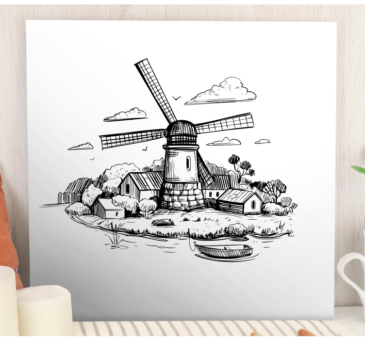 Black and white village drawing nursery canvas - TenStickers