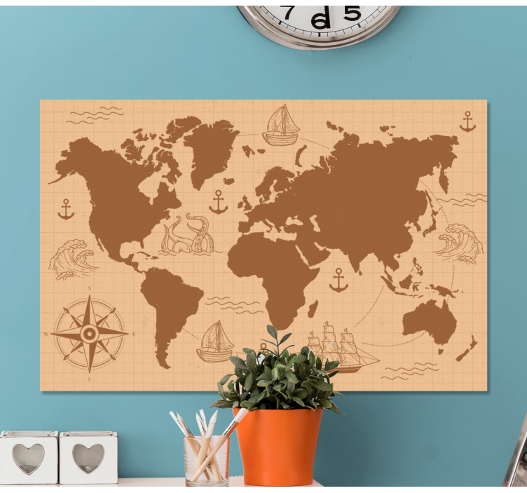 Brown with compass world map canvas - TenStickers