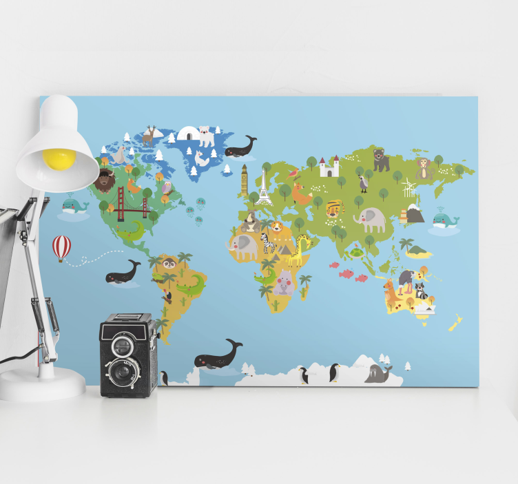 Cartoon animals world map canvas - TenStickers