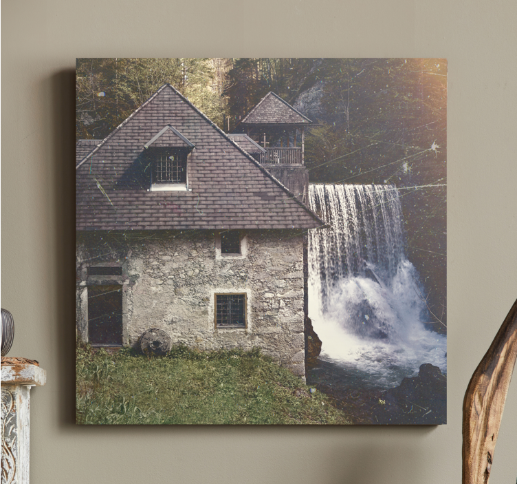 Cottagecore house waterfall landscape canvas - TenStickers