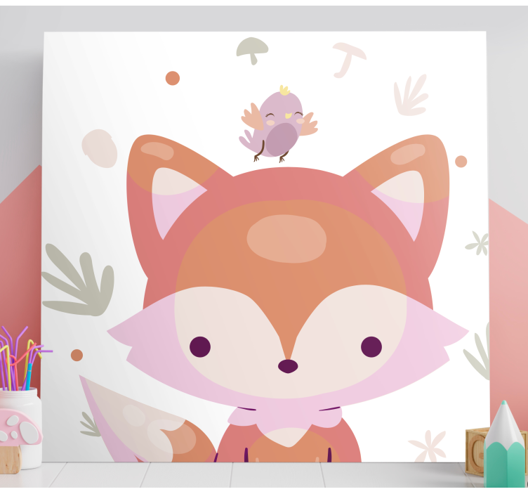 Cute baby fox cartoon pink bird nursery canvas - TenStickers