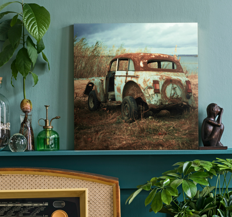 Old dirty car in the fields retro canvas art - TenStickers