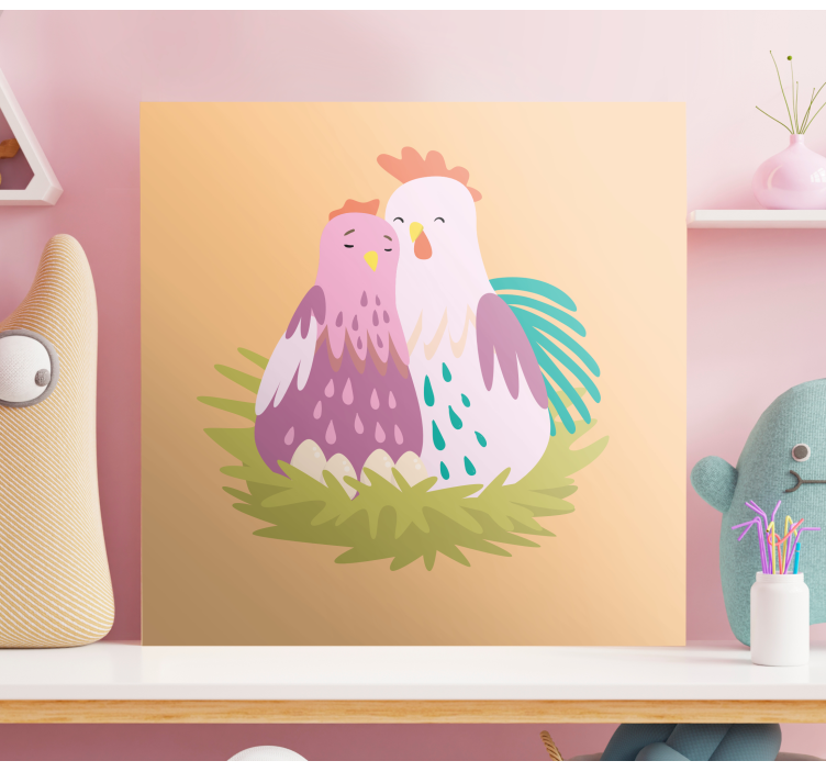 Pink couple of chick bird canvas art - TenStickers