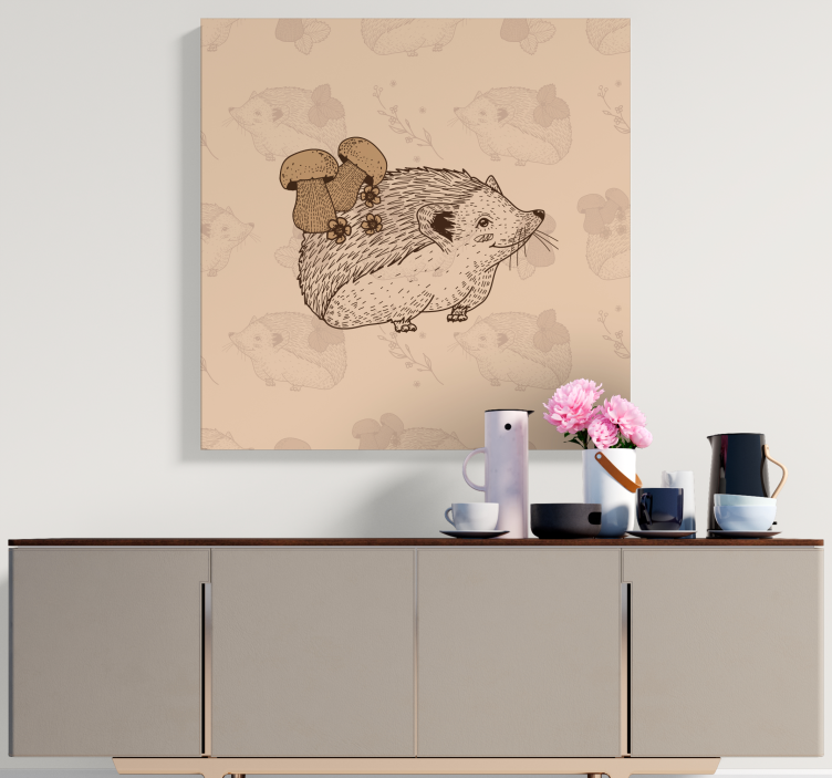 Sketch baby hedgehog and mushroom animal canvas - TenStickers