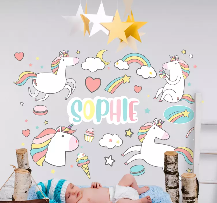 4 unicorn surrounding the name  movie sticker - TenStickers