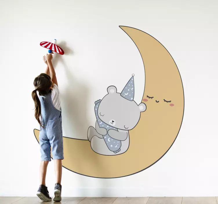 Baby beer sleeping on moon illustration decal - TenStickers