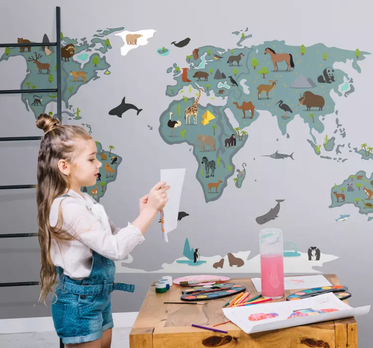 Cartoon animals and trees world map sticker - TenStickers