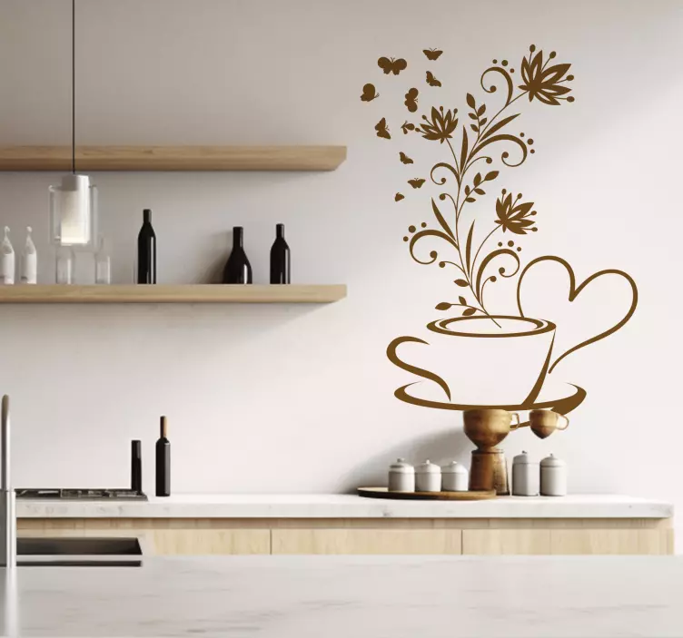 coffee with flowers kitchen wall sticker - TenStickers