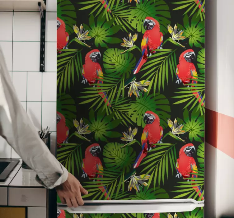 Colorful parrots on grey fridge sticker - TenStickers