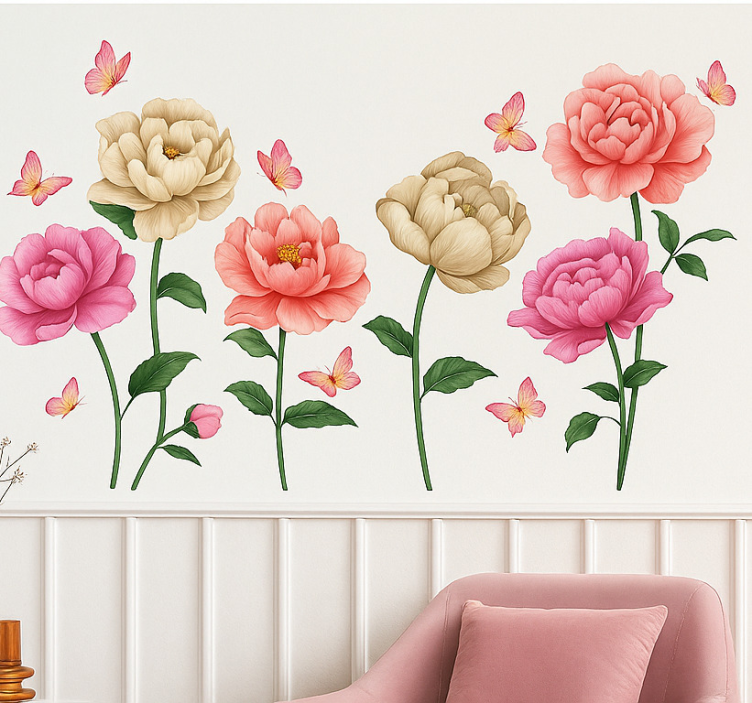 Colourful flowers and butterflies living room wall sticker - TenStickers
