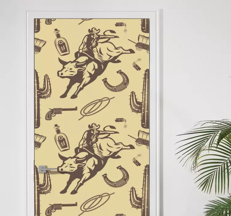 Cowboy riding on a bull  door sticker - TenStickers
