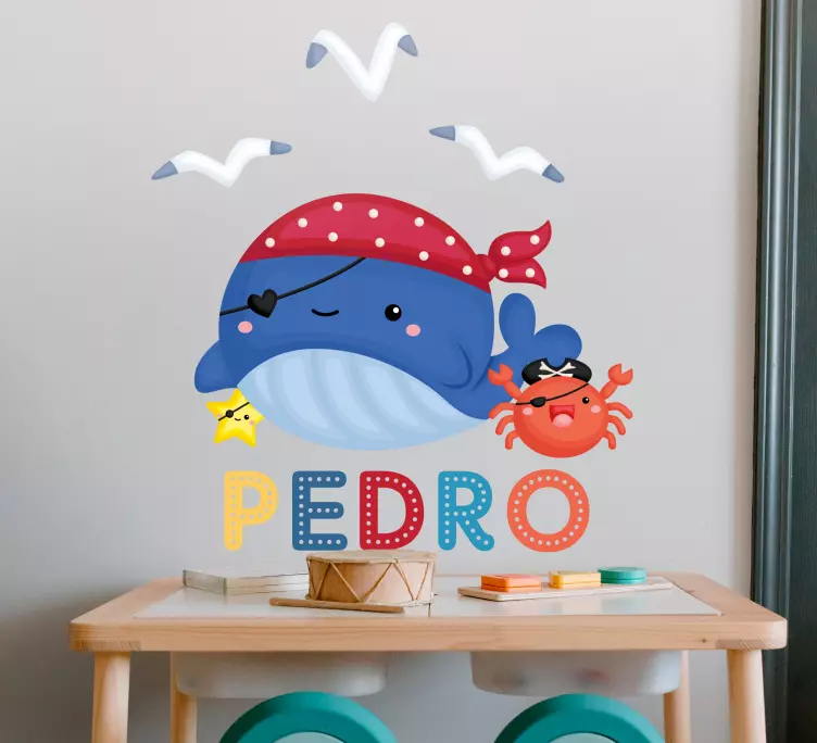 Cute blue pirate Whale children wall Sticker - TenStickers