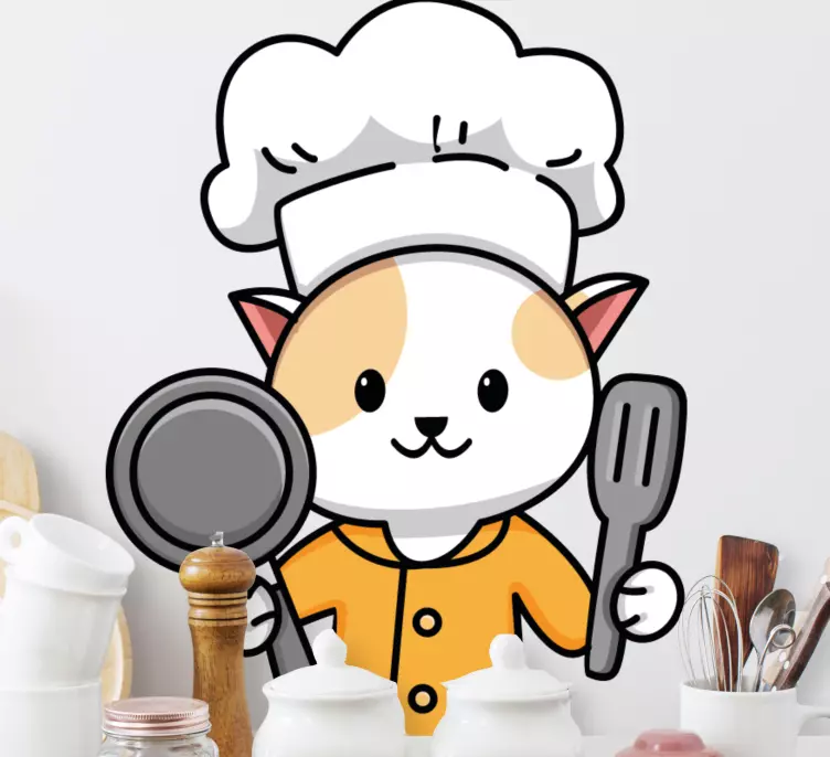 Cute cat chef holding fork and spoon  sticker - TenStickers