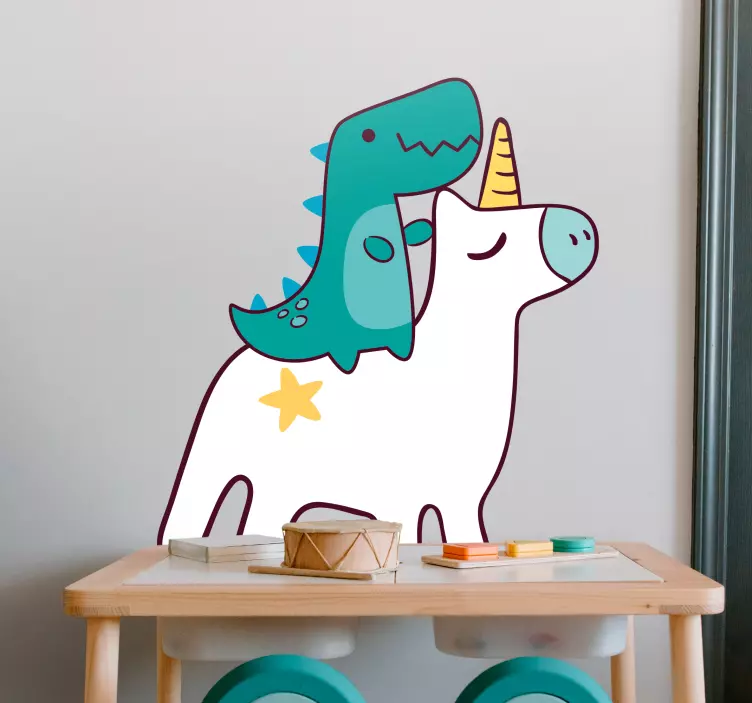 Dinosaur Riding Unicorn kid's sticker - TenStickers