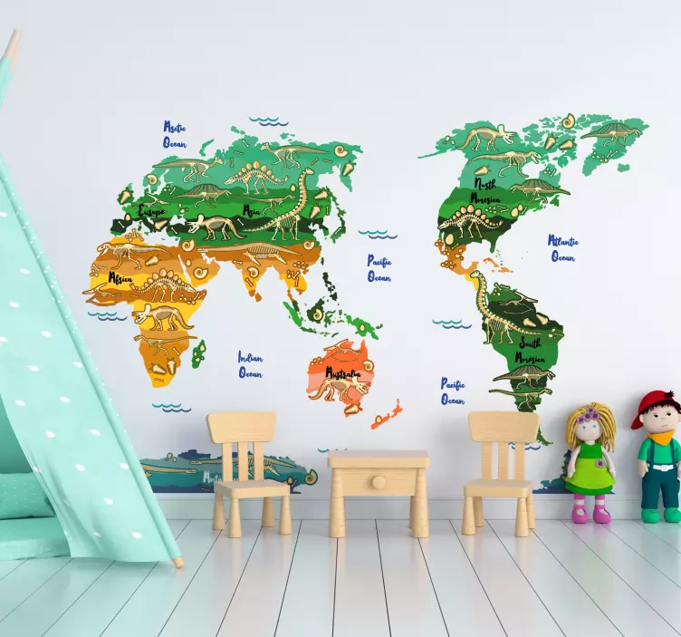 Dinosaur skeleton world map wall sticker - TenStickers