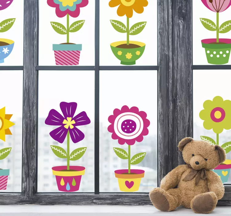 Colorful flower pots window sticker - TenStickers