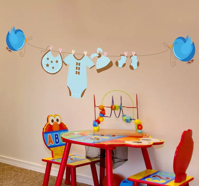 Kids Boy Bird Washing Line Wall Sticker - TenStickers