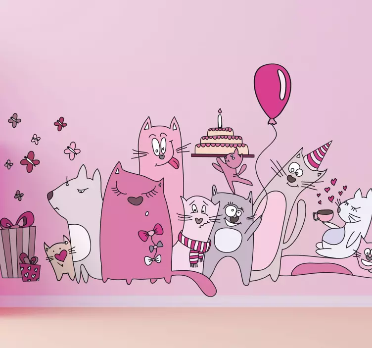 Kids Cat Pink Cat Party Wall Sticker - TenStickers