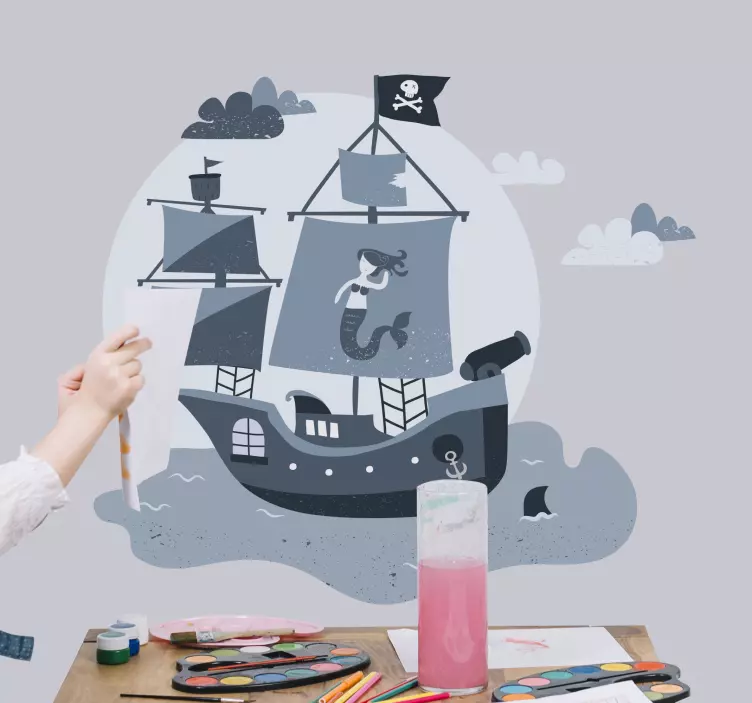 Pirate ship sailing to moon illustration decal - TenStickers