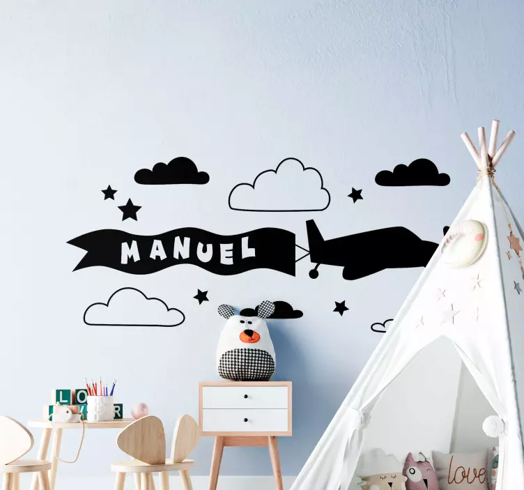 Plane drawing name with clouds sticker - TenStickers