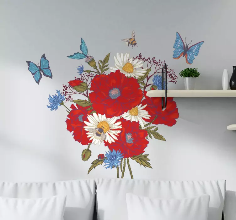 Poppies with butterflies flower wall sticker - TenStickers