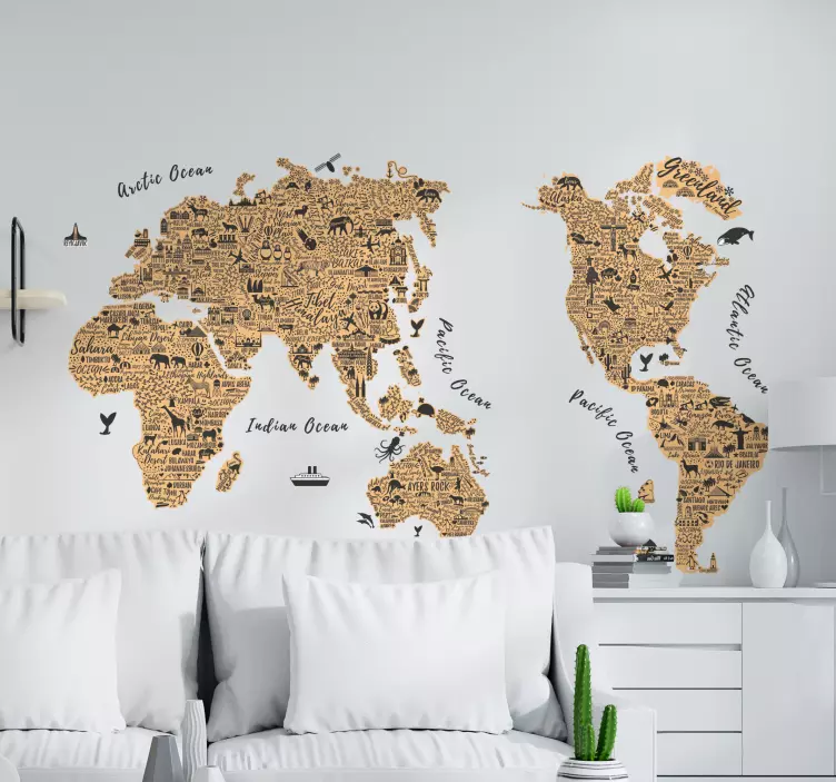 Text and icon world map wall sticker - TenStickers