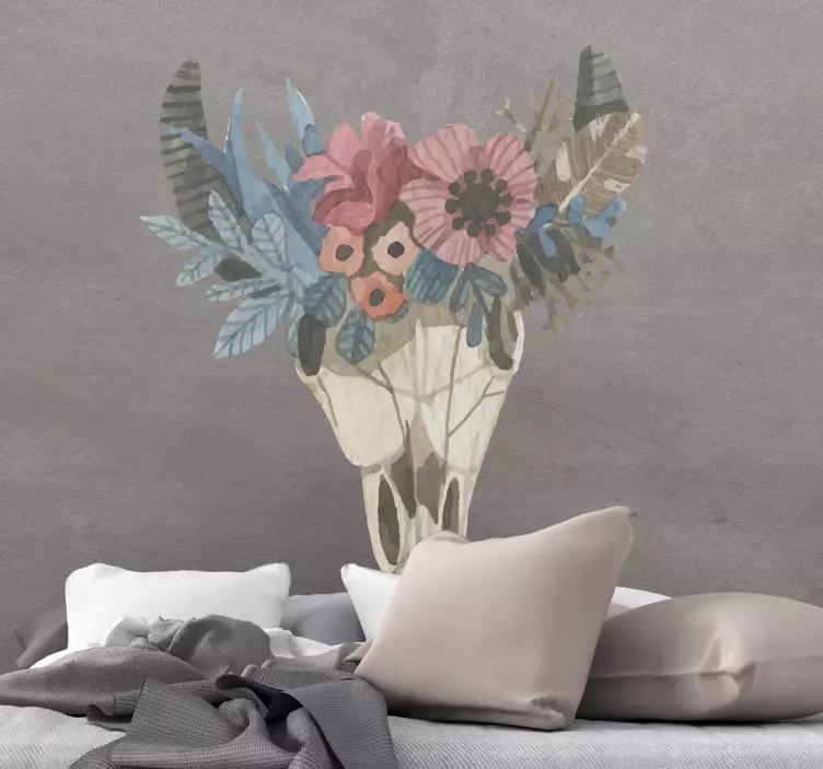 Watercolor bull skull floral wall sticker - TenStickers