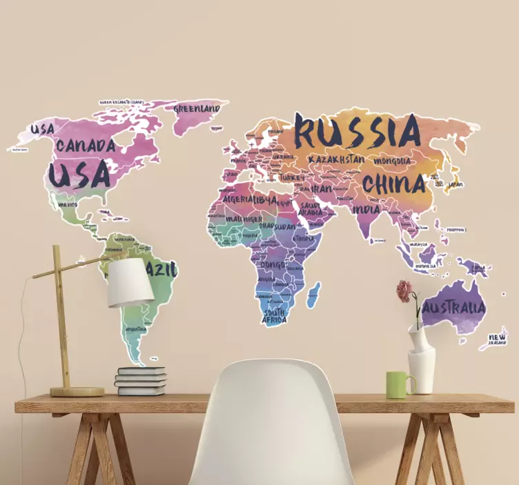 World map lettering office  world map wall decal - TenStickers