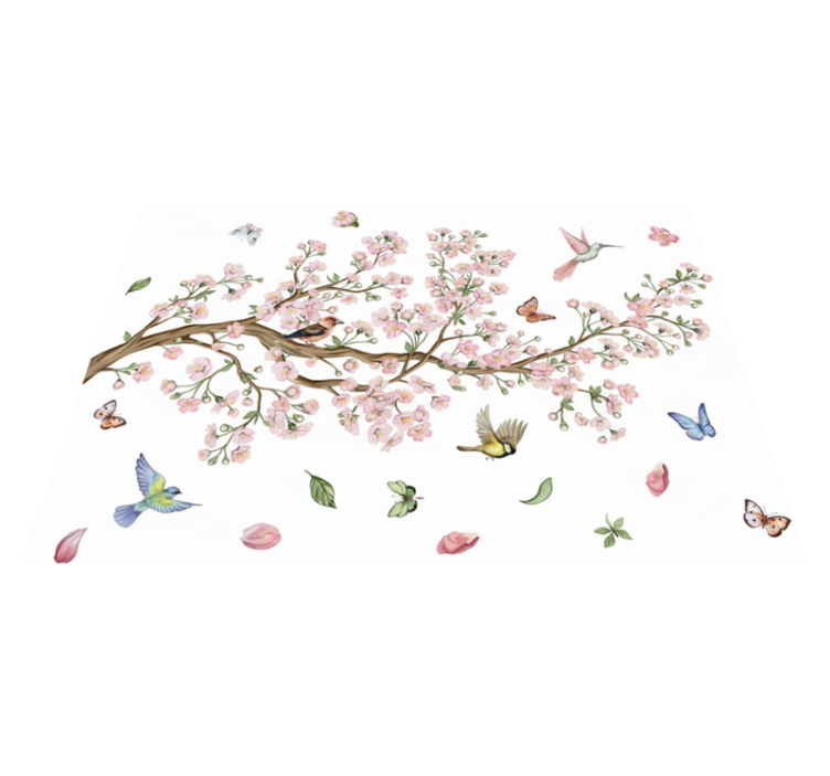 Cherry blossom with birds flower vinyl rug - TenStickers