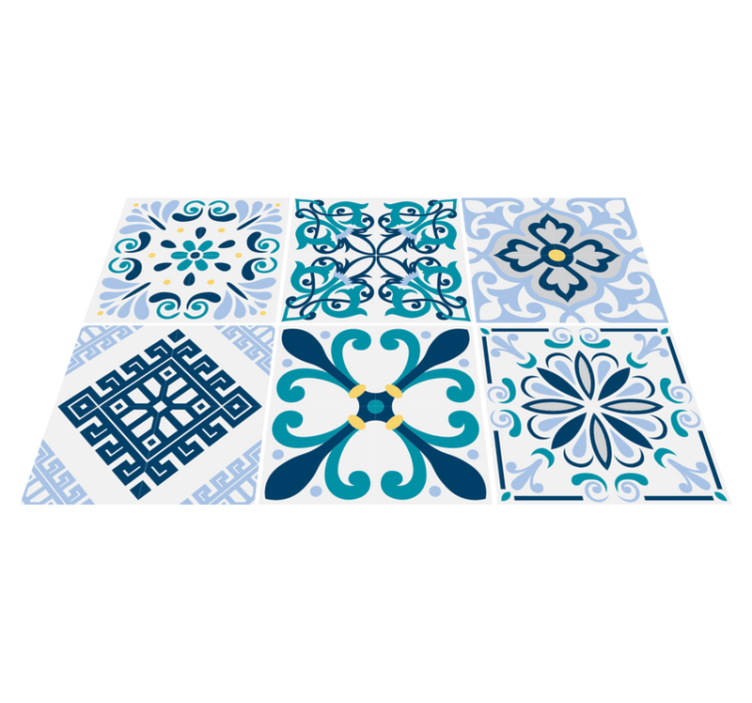 Kitchen vinyl rug in blue floral tiles - TenStickers